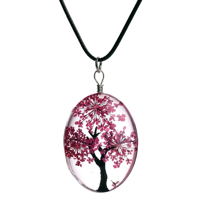 

New Retro Jewelry Dried Flower Necklace Tree Of Life Shaped Leather Rope Glass Long Pendant Necklace For Women