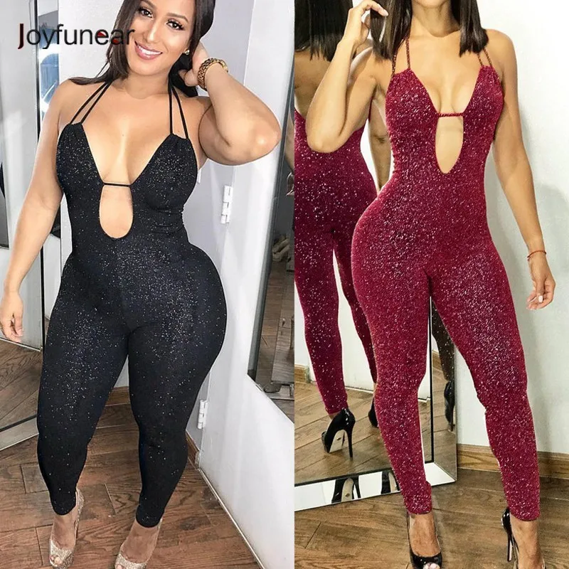 

Joyfunear Summer Sexy Halter Skinny Jumpsuit Women Hollow Sleeveless Party&Club Shiny Bodysuit Black/Wine Red Backless Slim 2019