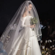 Foto real blanca/Marfil velo De novia De dos capas 3,5 m borde De la cinta Mantilla velo De novia accesorios De boda Veu De Noiva 45