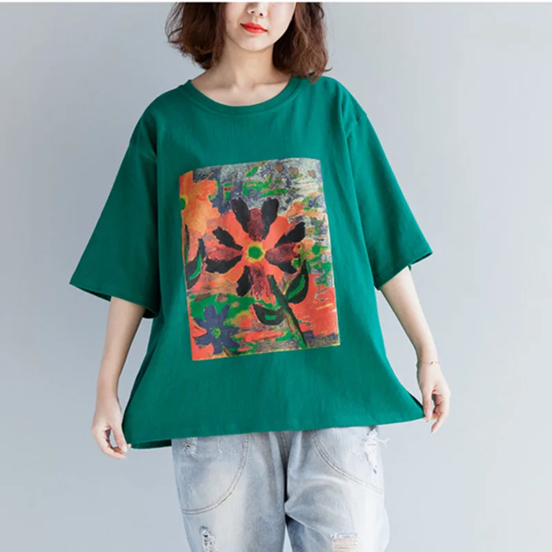 

Johnature Solid Color Print Tops New 2019 Summer O-Neck Loose Casual Half Sleeve Pullover Plus Size 3 Colors Women T-Shirts