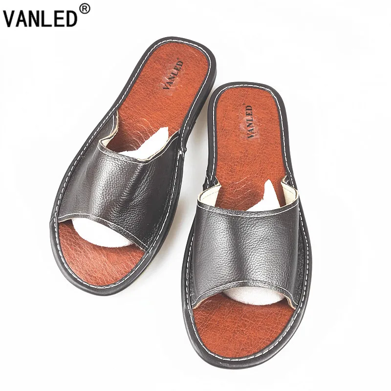 VANLED 2017 Spring Summer Genuine Leather Home Men Open Toe Slippers ...