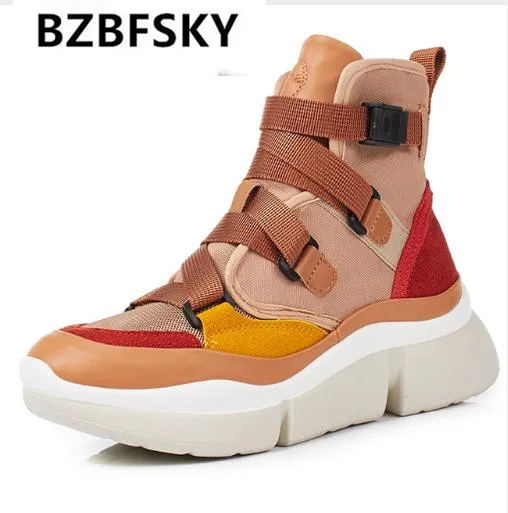 

BZBFSKY Cross-tied Women Ankle Boots Slip on Platform Motorcycle Ankle Boots Winter Wedges Shoes Woman 2 Colors