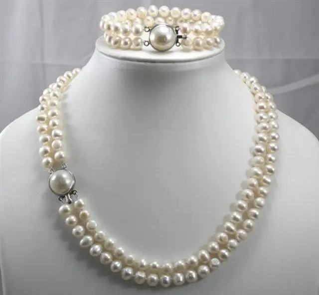 

shipping 2 Row 7-8MM Freshwater Cultured pearls Necklace Bracelet Set (A0516)