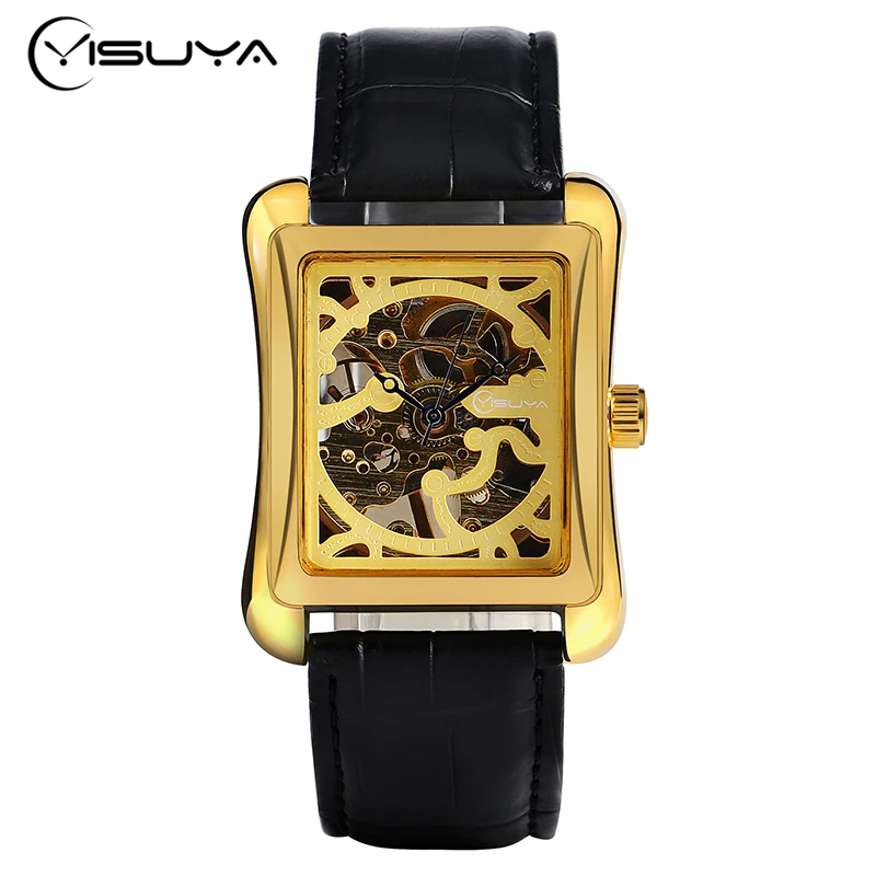 

YISUYA Luxury Watch Men Famous Brand Mechanical Hand Wind Wristwatch Genuine Leather Band  Rectangle Bracelet Male Clock Gift