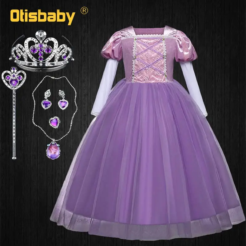 Детские платья принцессы Софии, Рапунцель для девочек; бальное платье; Длинные вечерние платья; одежда для детей; Детский карнавальный костюм; маскарадный парик - Цвет: C
