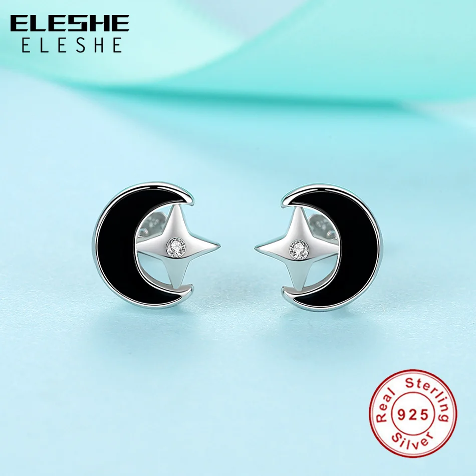 ELESHE Romantic Black Enamel Moon Star 925 Sterling Silver Stud Earrings for Women Vintage Jewelry Accessories Party Gift