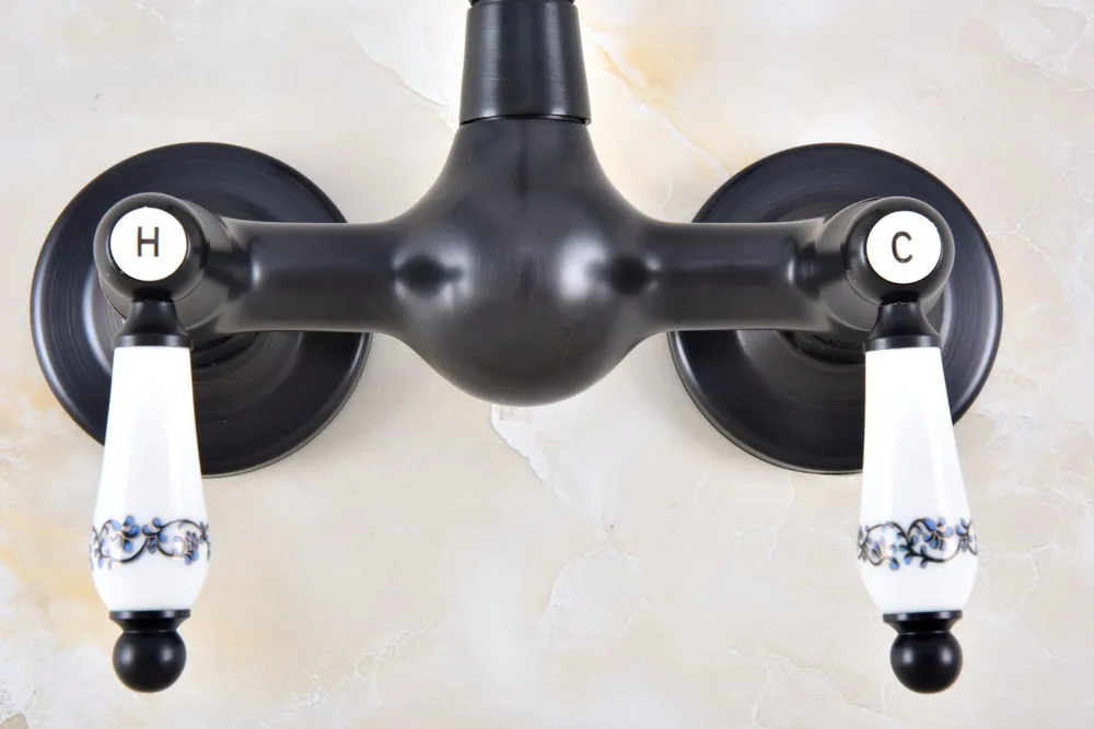 Black Oil Rubbed Bronze Wall Mounted Bathroom Kitchen Sink Faucet Swivel Spout Mixer Tap Dual Ceramics Handles Levers anf865