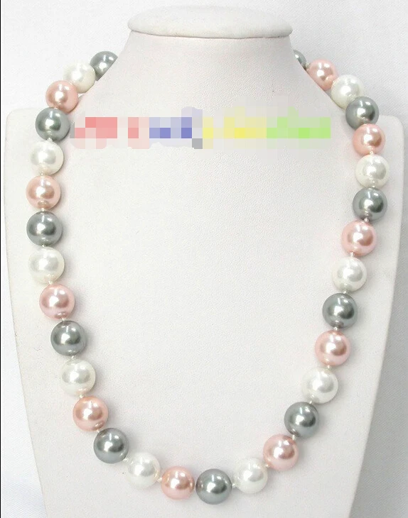 

FREE shipping>>>>>>17" 12mm round Multicolor white pink Gray south sea shell pearls necklace J8142