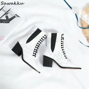 

Hot Design Women Chelsea Boots Genuine Leather Lace Up Chunky Heels Cowboy Boots Pointy Toe Printed Women Ankle Riding Botas