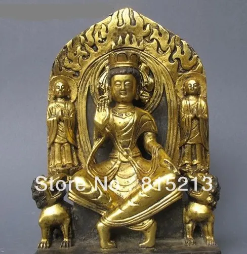 

bi00217 Tibet Nepal Old Bronze Gild Lions do the Goddess of Mercy Kwan Yin Buddha Statue