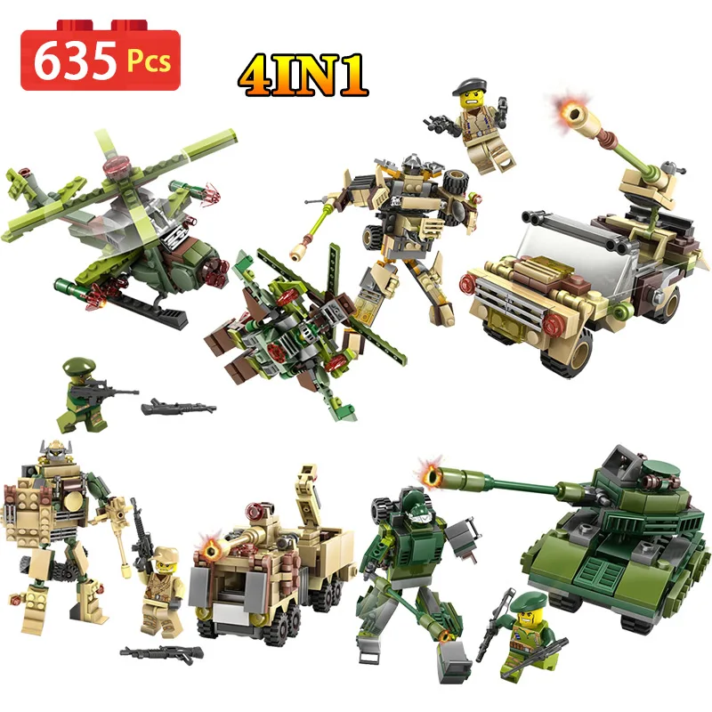 

4-in-1 Future Armored Team Tanks Aircraft Model Compatible Legoed mini action figures Building Blocks set Toys for children