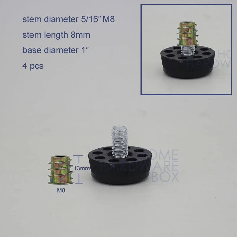 4 pc pack furniture glide adjustable raised leg M8x8mm thread stem