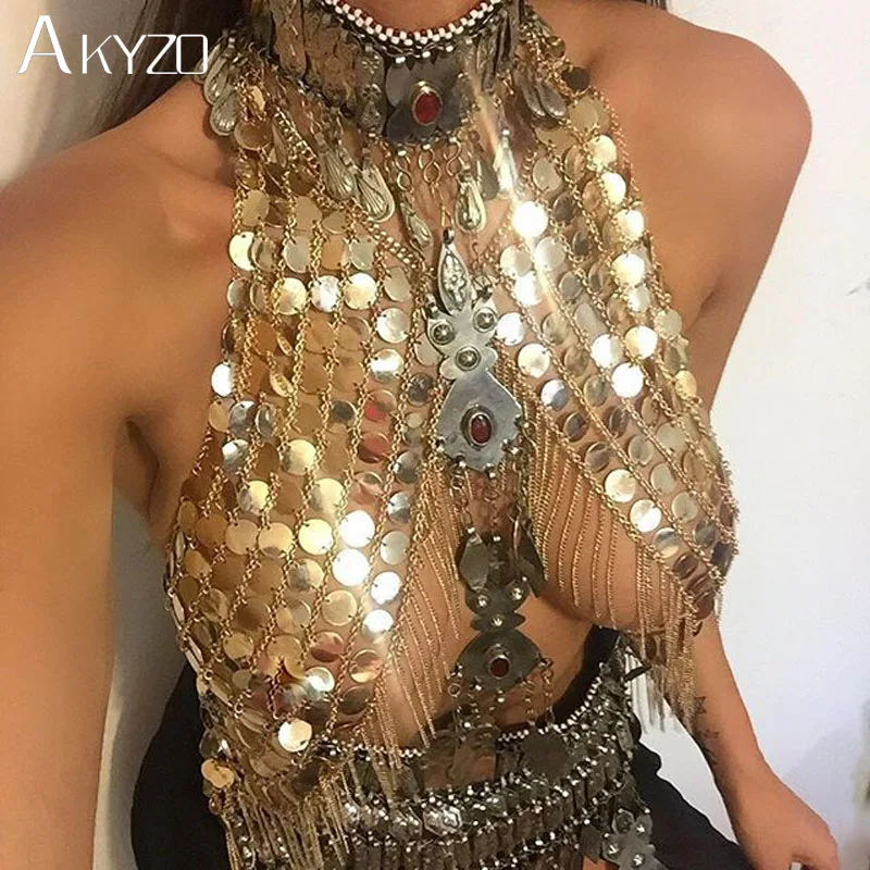  AKYZO Festival Club Party Tank Women Sexy Handmade Acrylic Sequins Body Metal Chain Halter Camis To