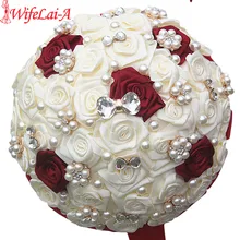 WifeLai-высококачественная жемчужная Хрустальная брошь, шелковые букеты невесты, цвета слоновой кости, потрясающие бриллианты, атласная лента, букеты W128-17