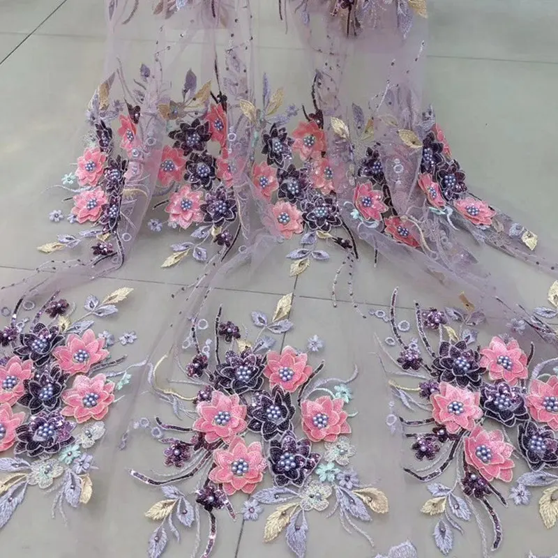 

FolaSade 3D Flower Embroidered Tulle Mesh Lace Fabric With Pearl Beaded Wedding 2019 New Arrival African Lace Fabric TZ905
