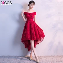 Vestidos de graduacion дешевое красное домашнее платье Асимметричный Подол коктейльные платья с открытыми плечами кружевные платья для выпускного вечера