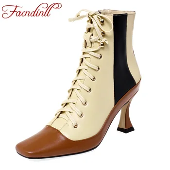 

FACNDINLL new 2019 hot sale women ankle boots genuine leather high heels zipper autumn dress party riding boots big size 34-43