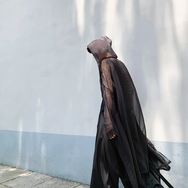Мужская Уличная панк готический Кардиган Верхняя одежда летняя тонкая сетка Солнцезащитная рубашка куртка мужской женский длинный стиль с капюшоном Тренч пальто