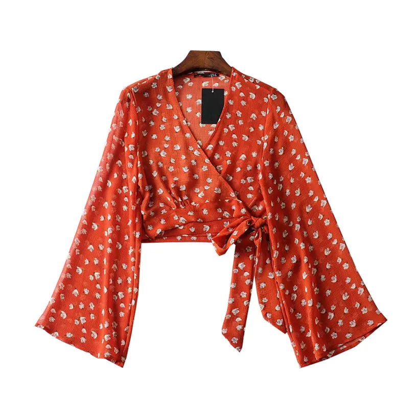 

BLSQR chiffon style loose Floral print cross V neck blouse long flare sleeve female casual loose chic tops blusas