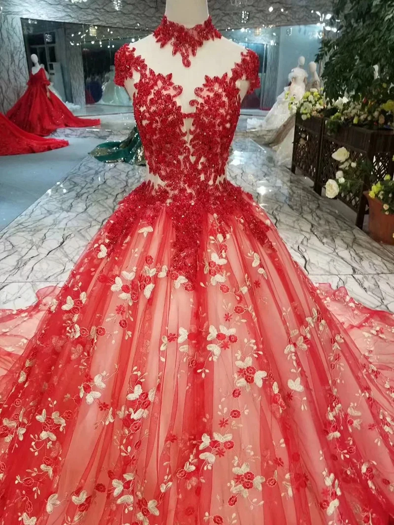 LSS332 Красные Свадебные платья для вечеринок с высоким вырезом и рукавами-крылышками Вечерние платья Длинные праздничные платья для
