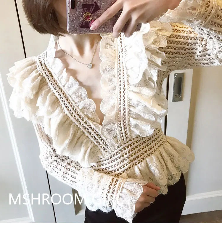 Blusa Zanzea Размер Vadim Весна Горячая Женская кружевная рубашка Ретро строчка полые v-образным вырезом женские тонкие блузки женские топы