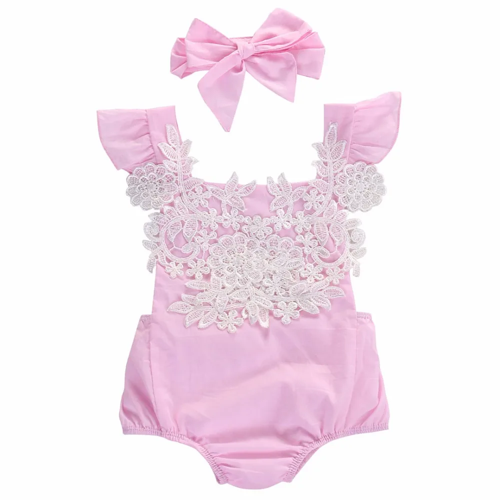 Baby Girl Clothes Lace Flower Baby Romper + Bow Headband Set Cute Pink Newborn Baby Clothing Baby Clothes Set