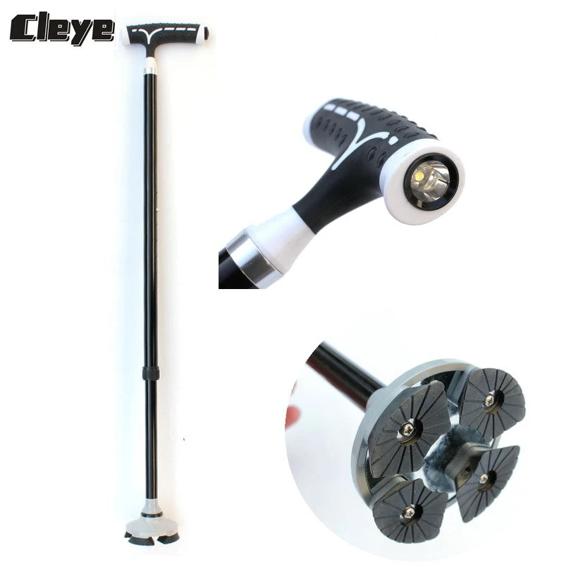 

2019 Cleye Professional Old Man Walking Stick Telescopic Lamp People Cane Strong Sturdy Four-legged Folding Elderly Crutches
