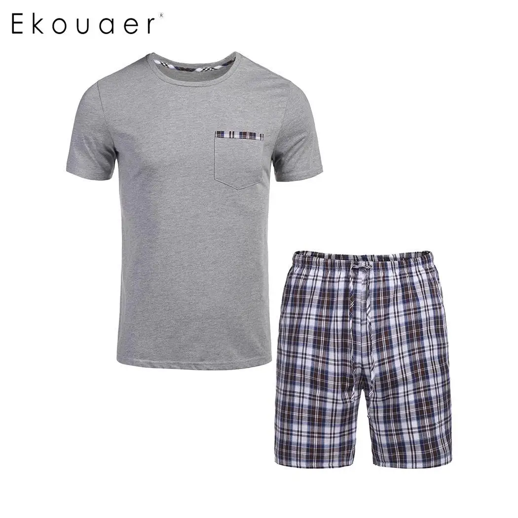 Ekouaer мужские летние пижамы комплект ночное белье с круглым вырезом короткий рукав футболки клетчатый карман шорты пижамы мужские пижамы костюмы - Цвет: Gray