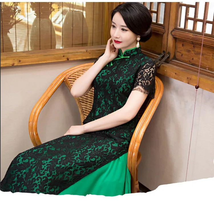 Осень Новый стиль тонкий кружевное платье cheongsam Китай Корея Япония Таиланд дамы Национальный Стиль кимоно воротник-стойка формальных Qipao