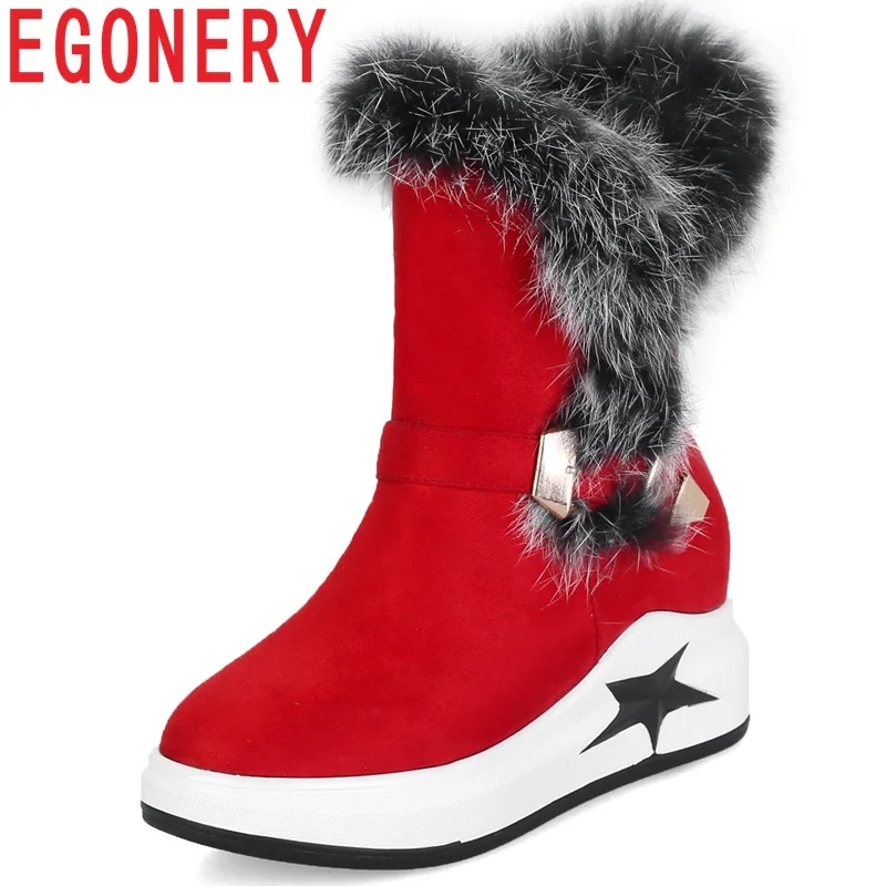 

EGONERY Counter brand Rabbit hair Fur Lady Snow Martin Med boots Flock spring winter plush low heel woman Wedges shoes 32-40 CN