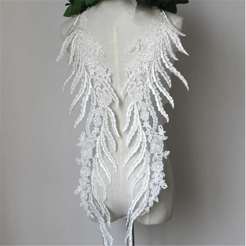 

2 Pair/ 4 pcs French lace fabric black Ivory white embroidered applique High-end wedding dress accessories Handmade