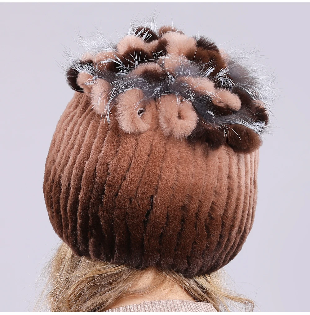 Women Natural Real Rex Rabbit Fur Beanies Hats Winter Warm Knitted Rex Rabbit Fur Caps New Female With Fox Fur Skullies Hat