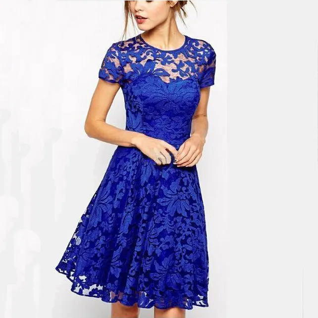 

Women's fashion dress round collar short sleeve blue lace lace dress new European and American temperament fashion