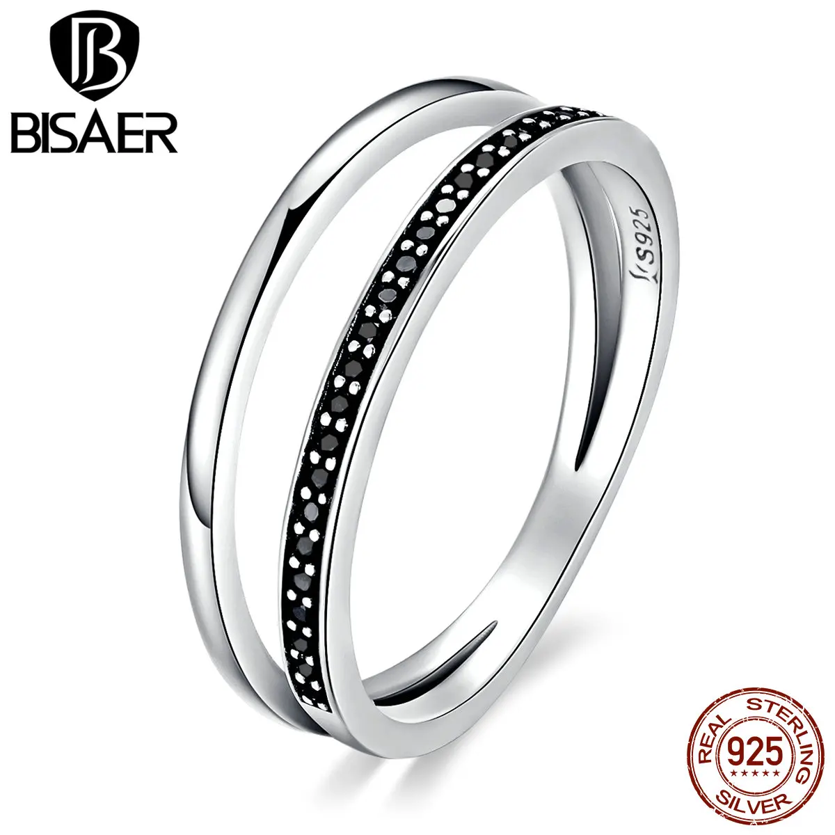 

BISAER 925 Sterling Silver Ring Channel Setting Black And White Strip, Irregular Finger Rings For Women Engagement Jewelry SR082