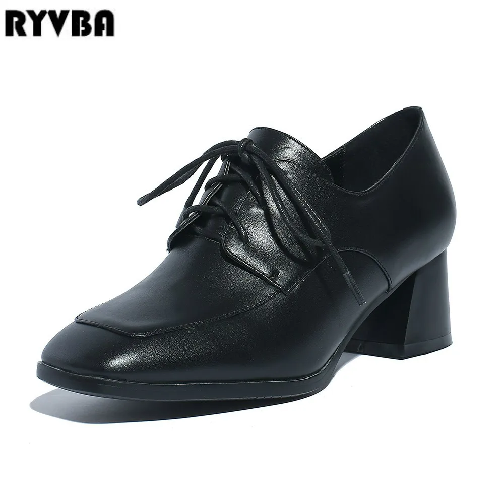 

RYVBA woman square mid heels pumps 2018 women genuine leather spring autumn ladies womens square toe lace up black work shoes
