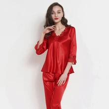 Пижамы женские весенне-осенние пикантные пижамные наборы v-образным вырезом кружева тонкие свободные плюс размер ночное белье шелковые Heathy Домашняя одежда SY0016