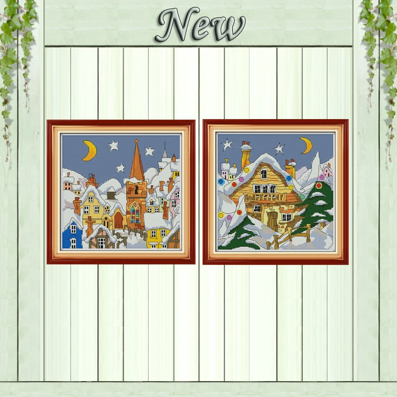 

Street snow moon star decor paintings counted print on canvas DMC 11CT 14CT Chinese Cross Stitch kits embroidery needlework Sets