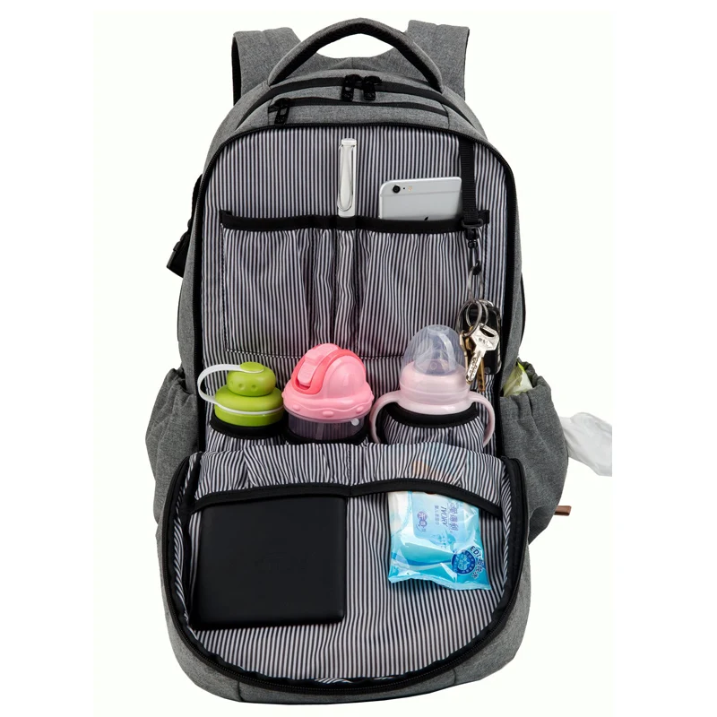 Large Capacity Baby Diaper Bag Gray Nappy Bag Mummy Backpack For Stroller Straps-Changing Pad With Anti-Water Material (3)