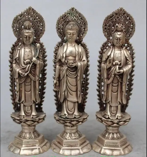 

8" Chinese Silver Western Shakyamuni Kwan-yin Guanyin Buddha 3 God Set Statue