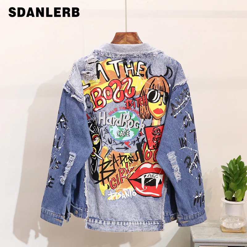 

Autumn New Fashion Denim Coat Women Harajuku Graffiti Print Worn Out Long Sleeve Denim Jacket Girl Students Jeans Coats Outwear