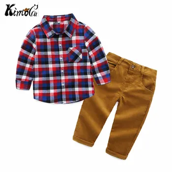 

Kimocat Cuhk children's suit boys' two-piece long-sleeved plaid shirt striped velvet trousers children's suit
