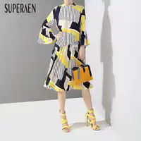 SuperAen Koreaanse Stijl vrouwen Geplooide Jurk Lange Mouwen Wilde Katoenen Jurk Vrouwelijke Stand Kraag Lente Nieuwe 2019 Vrouwen Kleding