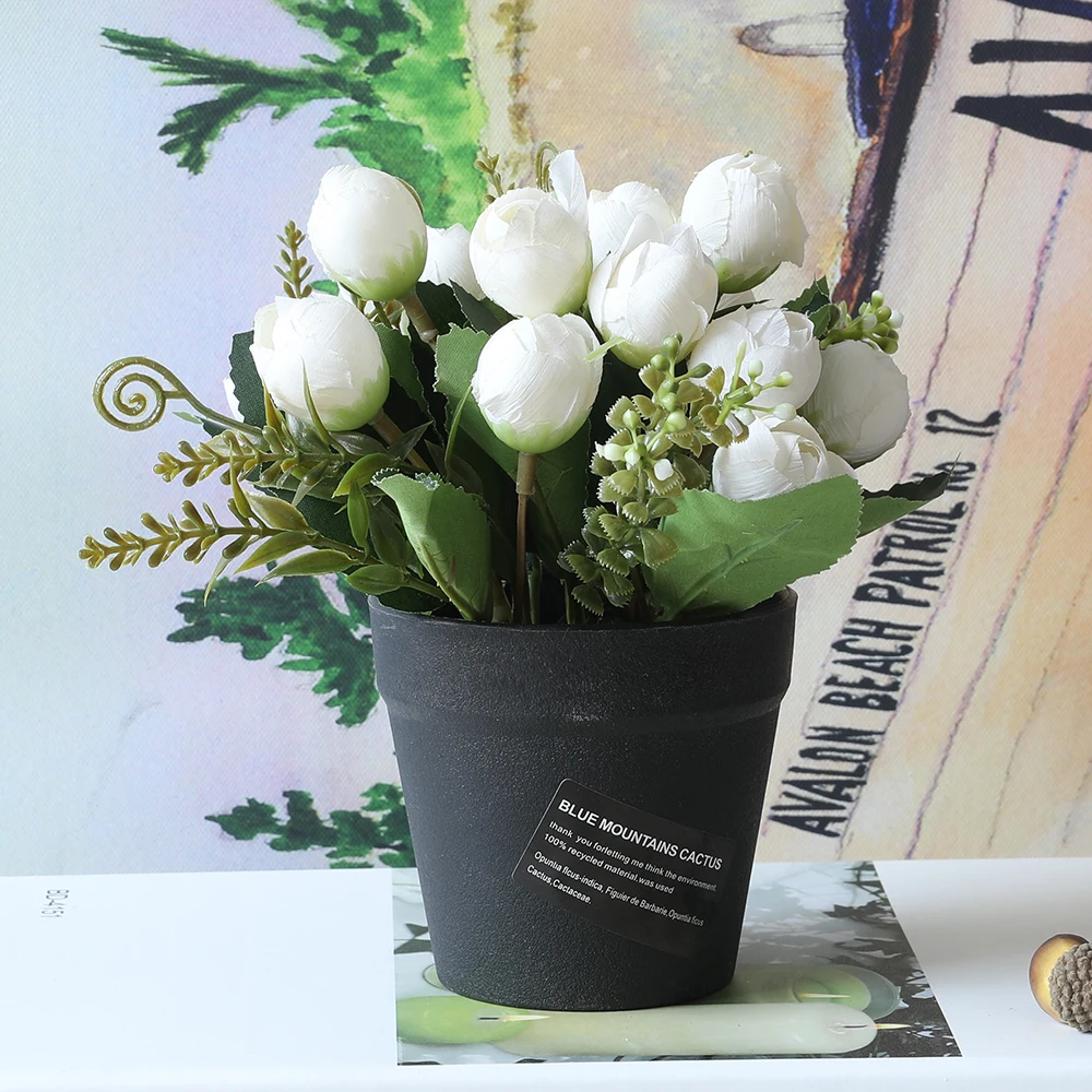 1 Набор искусственных цветов розы поддельные Цветочные горшочки бонсай для свадебного украшения для домашней вечеринки 6 цветов B3106A - Цвет: White