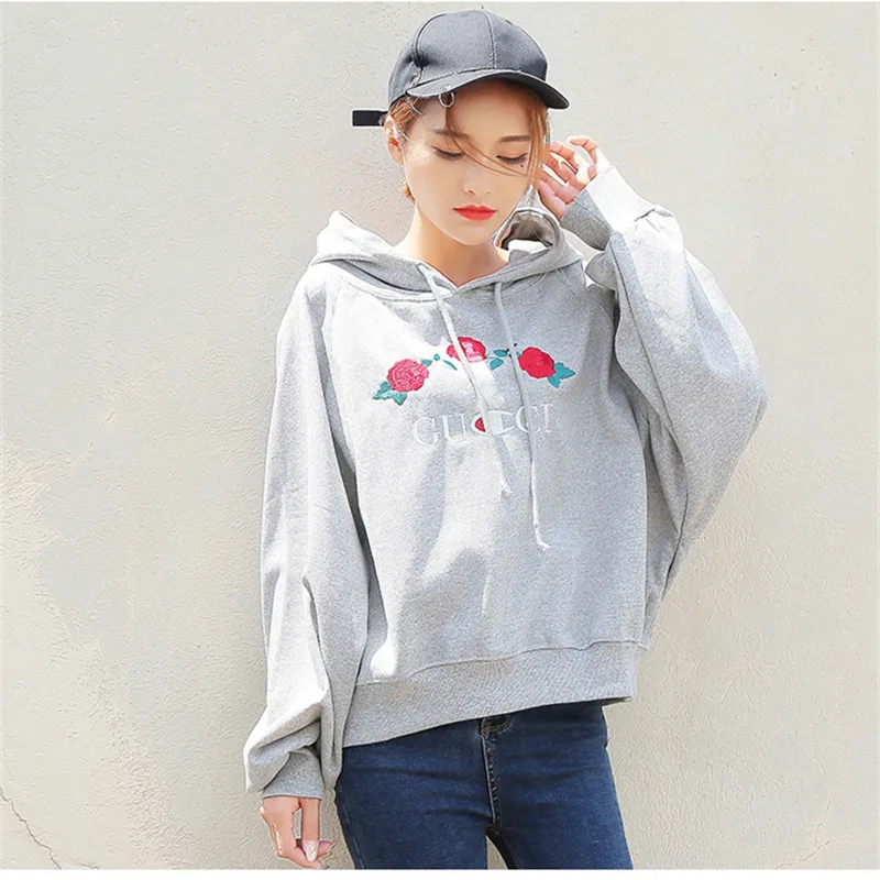 Really Shot Autumn Women Hooded Loose Hoodie Female Student BF Harajuku All-match Rose Embroidery Tops Q1957