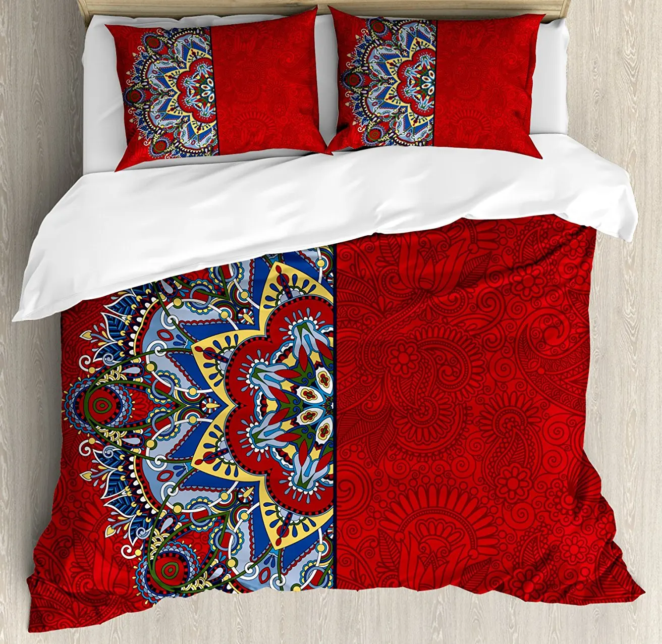 

Red Mandala Duvet Cover Set Ukranian Ethnic Design Half Mandala with Swirls and Flowers Image Decorative 4 Piece Bedding Set
