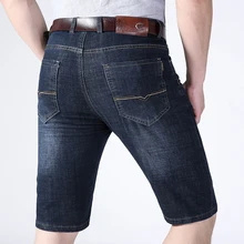 Летние мужские джинсовые шорты в классическом стиле, деловые повседневные эластичные облегающие хлопковые джинсовые шорты, мужская синяя, черная брендовая одежда
