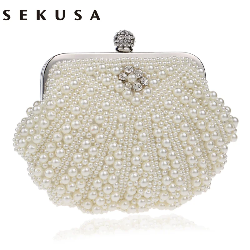 Billig SEKUSA Shell Design Frauen Abend Taschen Perlen Handgemachte Diamanten Chan Schulter Messenger Tasche Kristall Hochzeit Abend Tasche