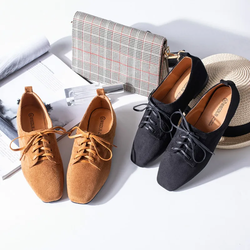 

Women's spring new 2019 shoes front lace-up square head comfortable fashion flat-heeled casual platform shoes womenYasilaiya