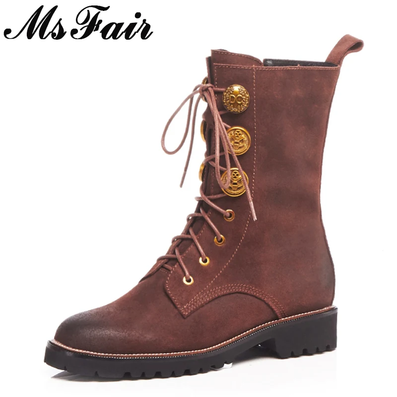 Chaussures Carré Talon Msfair Courte Rond Mode Femmes De Mi Peluche Femme Noir Fermeture marron Cheville Bottes Martin Bout Éclair k0OP8nw