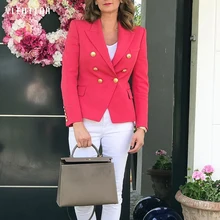 High Quality 2019 Designer Blazer Jacket Coat Women's Lion Buttons Double Breasted Slim Office Ladies Blazers Outerwear Mujer